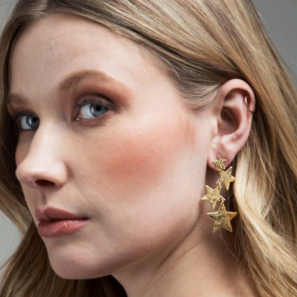 Bold Gold Tone Multi Layer Star Dangle Earrings - Picture 2 of 6